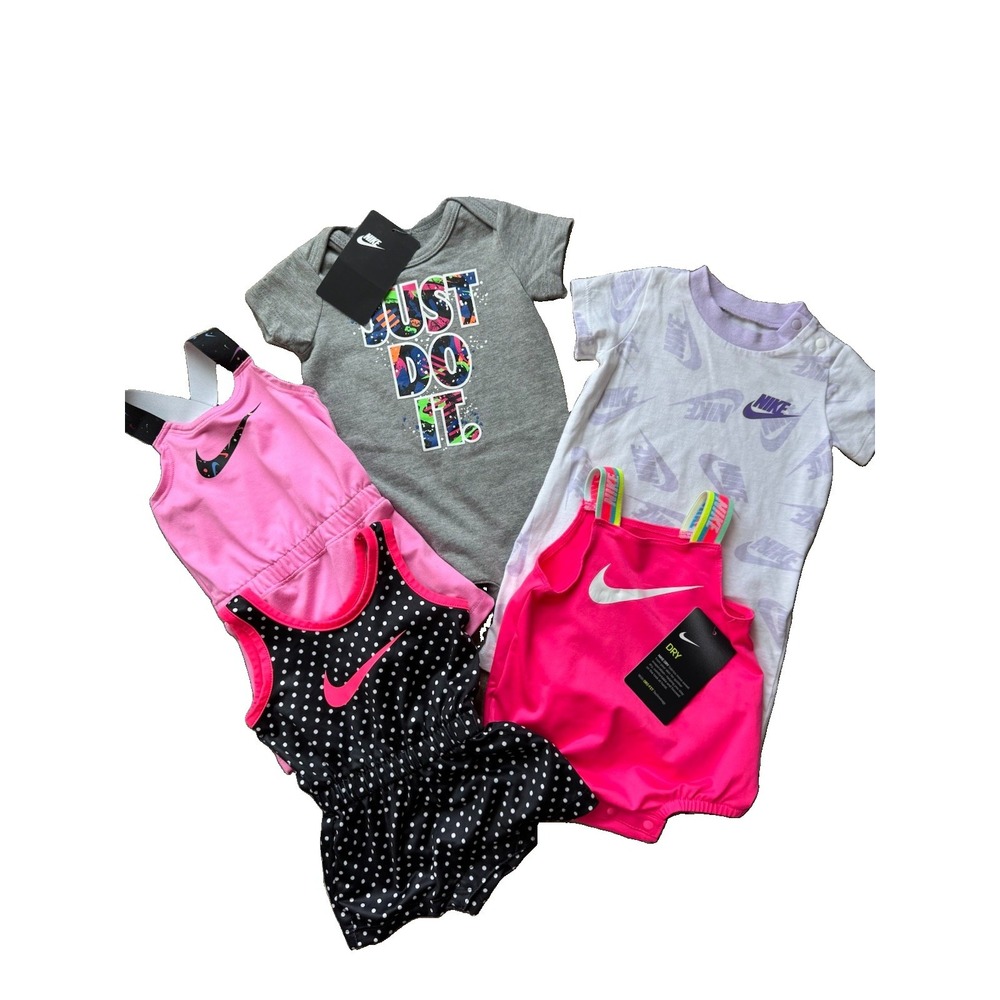 Lot of 5 Nike Baby Girl One Pc Outfits 3M & 0-6M Lavender Pink Swoosh One Piece